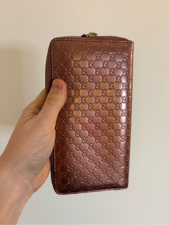 Gucci Handbags - Gucci Metallic Rose-Brown Embossed Monogram Zip Wallet